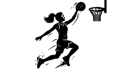 Female Basketball Player Silhouette Performing a Slam Dunk into Hoop. Minimalist Vector Illustration of Basketball Slam Dunk on transparent Background. Sports and Competition Concept Vector. © bikram