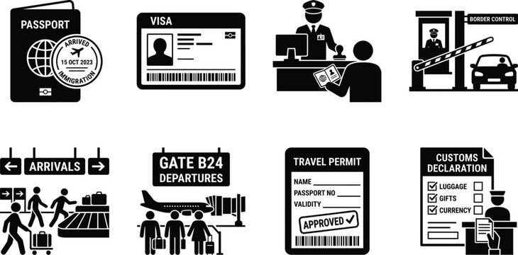 Immigration border control black icon set showing passports and customs