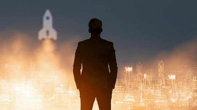 Businessman rocket city success ambition sunrise opportunity future silhouette