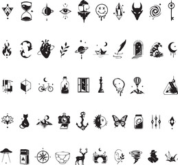 Obraz premium Minimalist black ink tattoo flash icons, set of 50 mystical and celestial vector symbols, hand drawn aesthetic line art illustrations for branding
