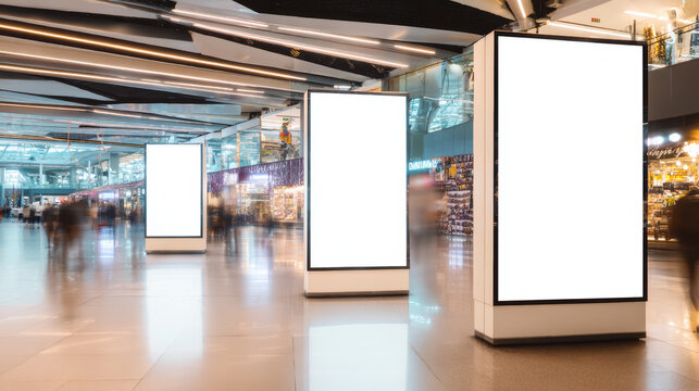 Vertical digital billboard shopping mall blank screen modern interior advertising display empty advertisement bright lighting urban space motion
