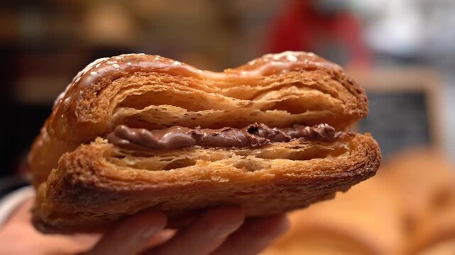 Close-up of hand holding a golden, flaky puff pastry filled with creamy chocolate spread, glazed and dusted with sugar, highlighting the layers of the rich, buttery baked dessert.
