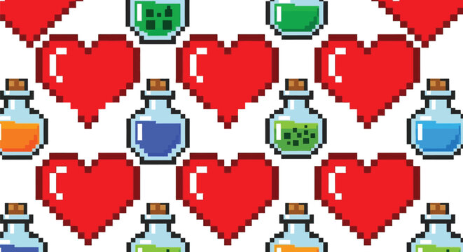 Pixel art red hearts and potion bottles on white background