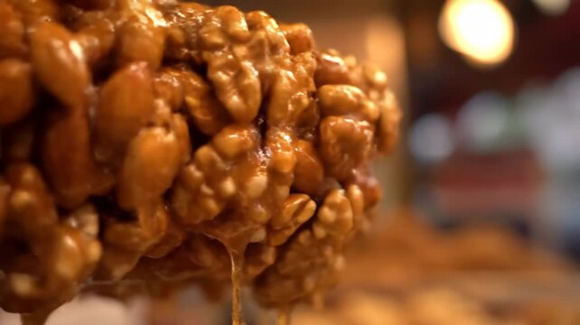 Close-up macro shot of sticky honey glazed peanuts and walnuts being scooped from a batch, featuring thick caramel coating dripping off the serving spoon
