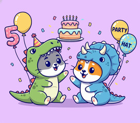 Naklejka premium Two adorable cartoon cats celebrating a 5th birthday party dressed in dinosaur costumes with balloons and cake.