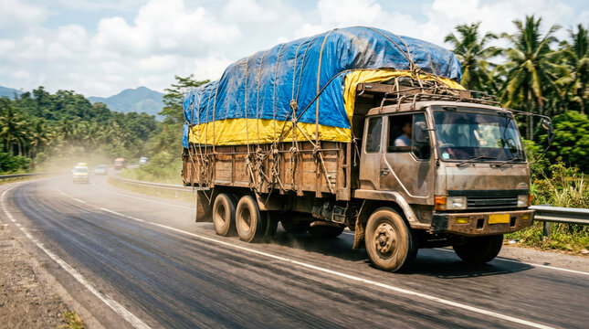 Heavily loaded wooden cargo truck covered with colorful tarp on hot highway
