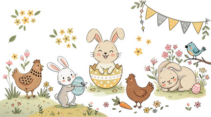 Naklejka premium Cute Easter Illustration Set with Bunnies Chickens Easter Eggs and Spring Flowers for Kids