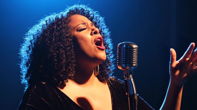 Passionate singer performing with vintage microphone under blue stage light
