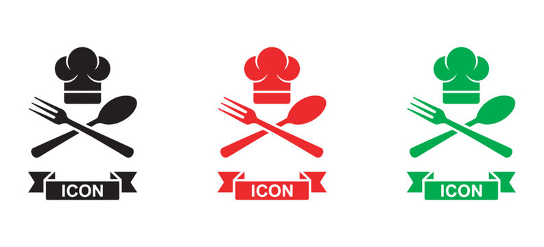 Chef hat crossed fork spoon icon set, black red blue colors, restaurant cooking symbol, culinary vector illustration, food service design