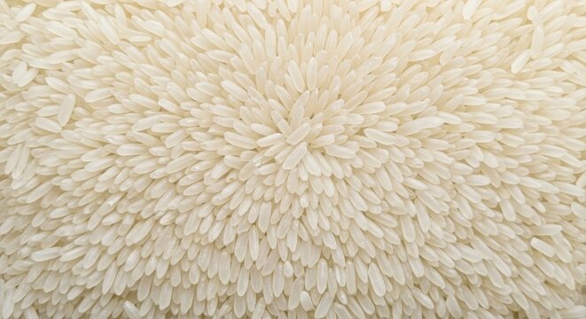 A macro top-down view shows thousands of dry white long-grain rice kernels packed tightly together, creating a seamless and uniform texture, seed, culinary, pattern