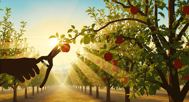 Hand using pruning shears to trim an apple tree in a sunny orchard. Vibrant red apples hang from branches as sunbeams stream through rows. Agriculture and horticulture maintenance concept.