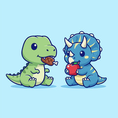 Cute Cartoon Dinosaurs Eating Food Together. © Arviz