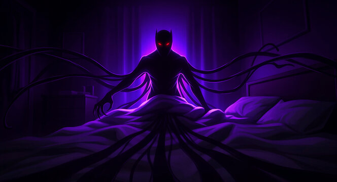 Shadowy figure with glowing red eyes sitting on a bed in a dark room. Eerie silhouette with tentacles representing a sleep paralysis demon. Horror concept for mental health and suspense stories.