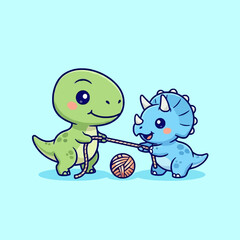 Obraz premium Cute Cartoon Dinosaurs Playing Tug of War with Yarn Ball.