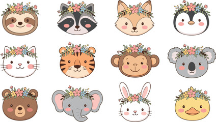 Obraz premium Cute Kawaii Baby Animals with Floral Crowns Illustration Set for Nursery Decor and Kids Stickers