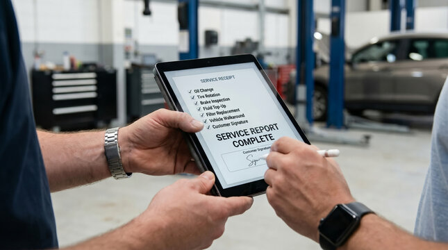 Customer signing digital service receipt on tablet at auto repair shop