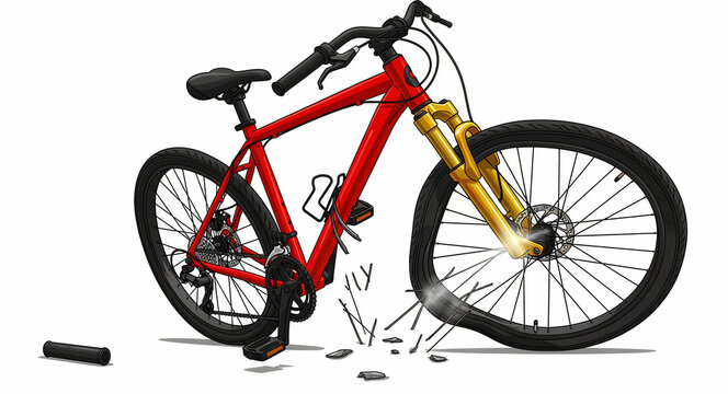 Red mountain bike with a broken front wheel and shattered spokes. Cartoon illustration of a damaged bicycle needing repair on a white background. Great for cycle maintenance and safety campaigns.