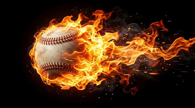 Baseball ball engulfed in intense flames moving at high speed isolated on a solid black background