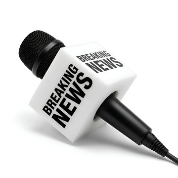 Black microphone with a white cube flag displaying breaking news text isolated on a white background. Journalism, mass media, and live broadcasting concept.