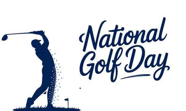 National Golf Day dynamic design featuring a navy blue golfer in a powerful mid-swing with flying sand particles and elegant cursive script typography &mdash; sports holiday poster on white background