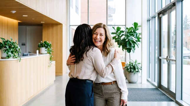 Two professional women embracing and smiling in a modern office lobby