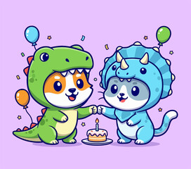 Cute cats in dinosaur costumes celebrating birthday with cake and balloons. © Arviz