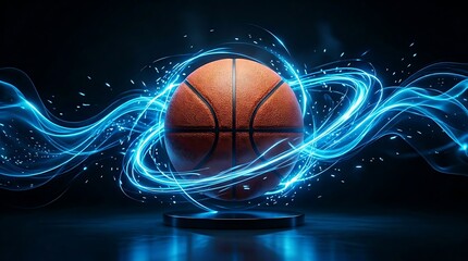 Obraz premium Basketball ball centered on a pedestal surrounded by glowing blue energy light trails on dark background