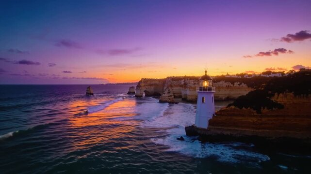 lighthouse and golden hour sea in lagos portugal zoom out video
