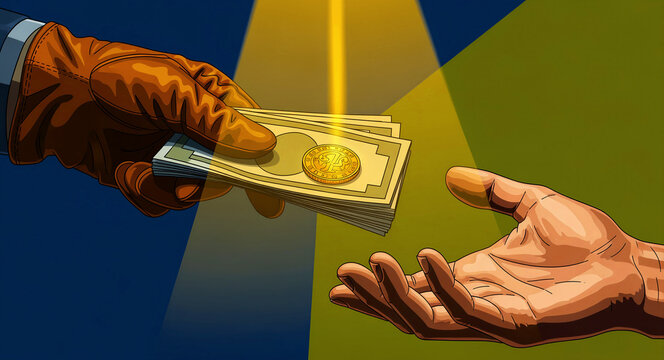 Gloved hand passing cash to an open palm under a spotlight. Secretive transaction suggesting a backroom deal. Bribery and corruption concept for social justice and crime news.