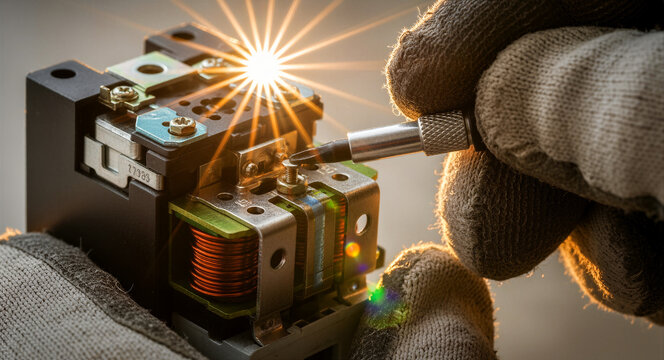 Technician in gloves repairing an electrical relay component. Close-up of precision work on a contactor with copper coils. Engineering maintenance concept for industrial and technical services.