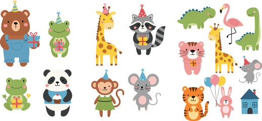 Naklejka premium Cute birthday party animal vector collection featuring hand drawn bear, panda, giraffe, monkey, and dinosaur characters with gifts for nursery decor and celebration invitations