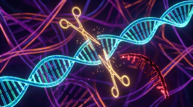 Dna strand with scissors cutting genetic sequence in neon lighting