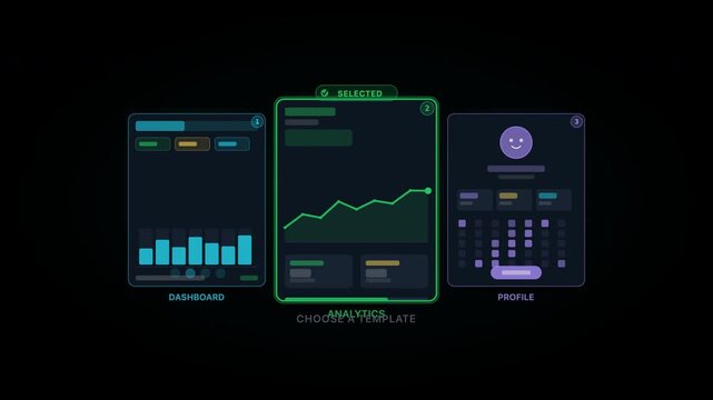 Ai Animation Generator Glowing neon interface screens on dark background. Suitable for technology, innovation, futuristic concepts, digital design, and abstract backgrounds.