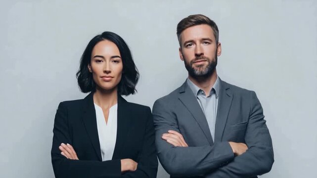 Poised Professionals: A determined man and woman, arms crossed, project confidence and professionalism, embodying leadership and corporate prowess.