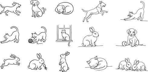 Fototapeta premium Set of cute hand drawn dogs cats and rabbits in different poses