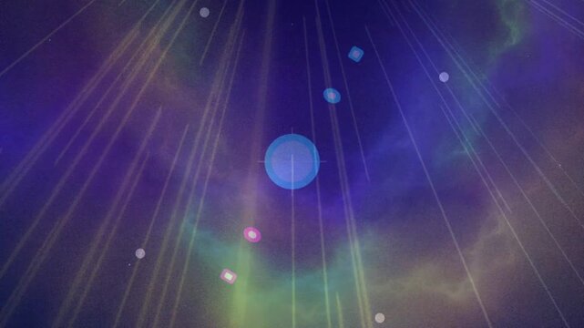 Abstract motion graphics with geometric shapes and light beams in space