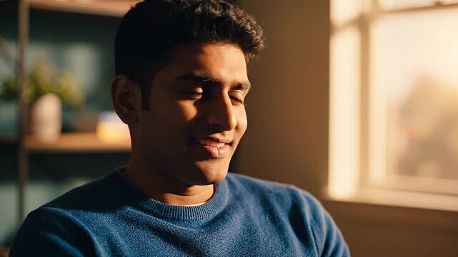 A young man sits by a window bathed in golden sunset light. He looks out, closes his eyes, and smiles thoughtfully. Perfect for mental health, lifestyle, or inspiration themes.