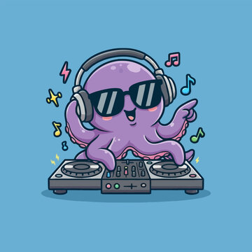 Cute Octopus DJ with Headphones and Sunglasses Playing Music.