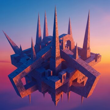 Surrealistic scene of tall stone spires hovering in a hazy sky. Skewed angles and impossible geometry create a dreamlike urban landscape, ethereal, futuristic, perspective