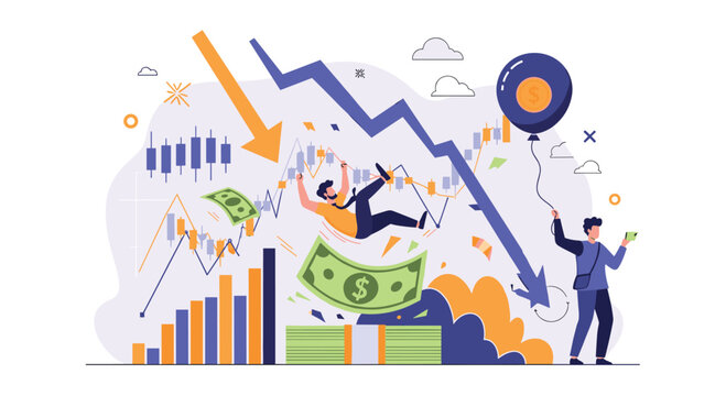 Dramatic representation of a financial market crash with falling stock prices, downward arrows, and a distressed businessman.