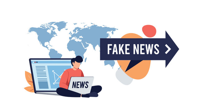 Illustration of a man sitting with a laptop in front of a world map and a large prominent sign warning about fake news.