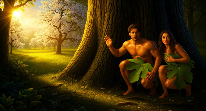 Man and woman hiding behind a large tree trunk in a lush garden setting. Figures covered with green leaves in a mythological paradise environment. Biblical Garden of Eden storytelling concept.