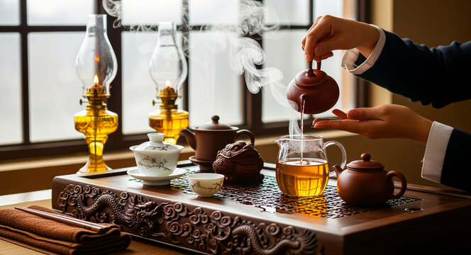 Person pouring hot tea during a traditional Chinese tea ceremony. Steam rises from the pitcher on a carved wooden tray with oil lamps. Oriental wellness concept for hospitality marketing.