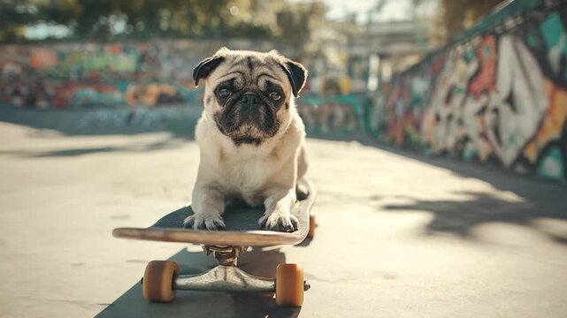 Pug on Skateboard: A charming pug dog strikes a cool pose while balanced on a skateboard, in front of a vibrant graffiti-covered wall, exuding confidence and playful spirit.