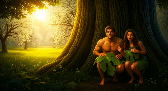 Man and woman hiding behind a giant tree in a lush garden while holding fig leaves. Biblical Adam and Eve characters showing expressions of fear and guilt. Creation story concept illustration.