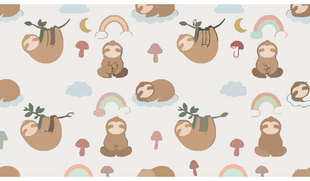 Whimsical baby sloth seamless pattern vector with rainbow doodles and cute nursery elements