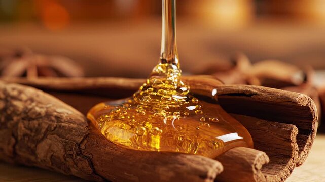 Extreme macro of thick golden organic honey drizzling slowly from wooden spoon, cinematic lighting on delicious food texture, natural sweet ingredient close up