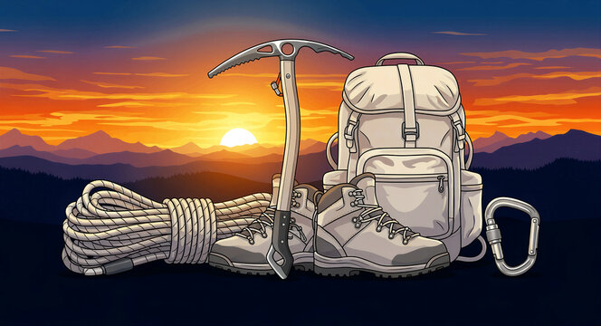 Mountaineering gear set with backpack, boots, ice axe, and climbing rope. Equipment displayed against a vibrant sunset over mountain peaks. Adventure concept for outdoor travel and sports marketing.