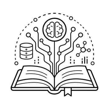 Dynamic Artificial Intelligence and Data Learning Icon A Detailed Line Art Representation of Knowledge, Technology, and Algorithm Development for Modern Education and Digital Innovation