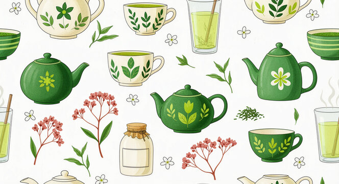 Seamless pattern of green teapots, tea cups, and herbal leaves. Hand-drawn illustration of matcha tea and floral elements on white. Healthy lifestyle concept for textile and packaging design.